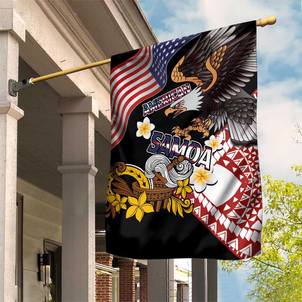 United States and American Samoa Together Garden Flag Bald Eagle and Polynesian Traditional Culture with Plumeria LT03 House Flag Black - Polynesian Pride