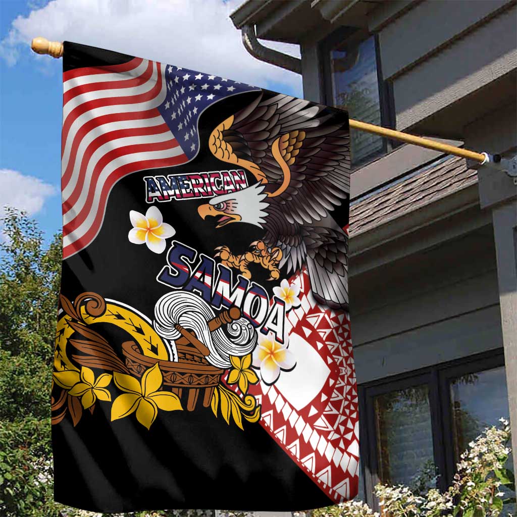 United States and American Samoa Together Garden Flag Bald Eagle and Polynesian Traditional Culture with Plumeria LT03 - Polynesian Pride