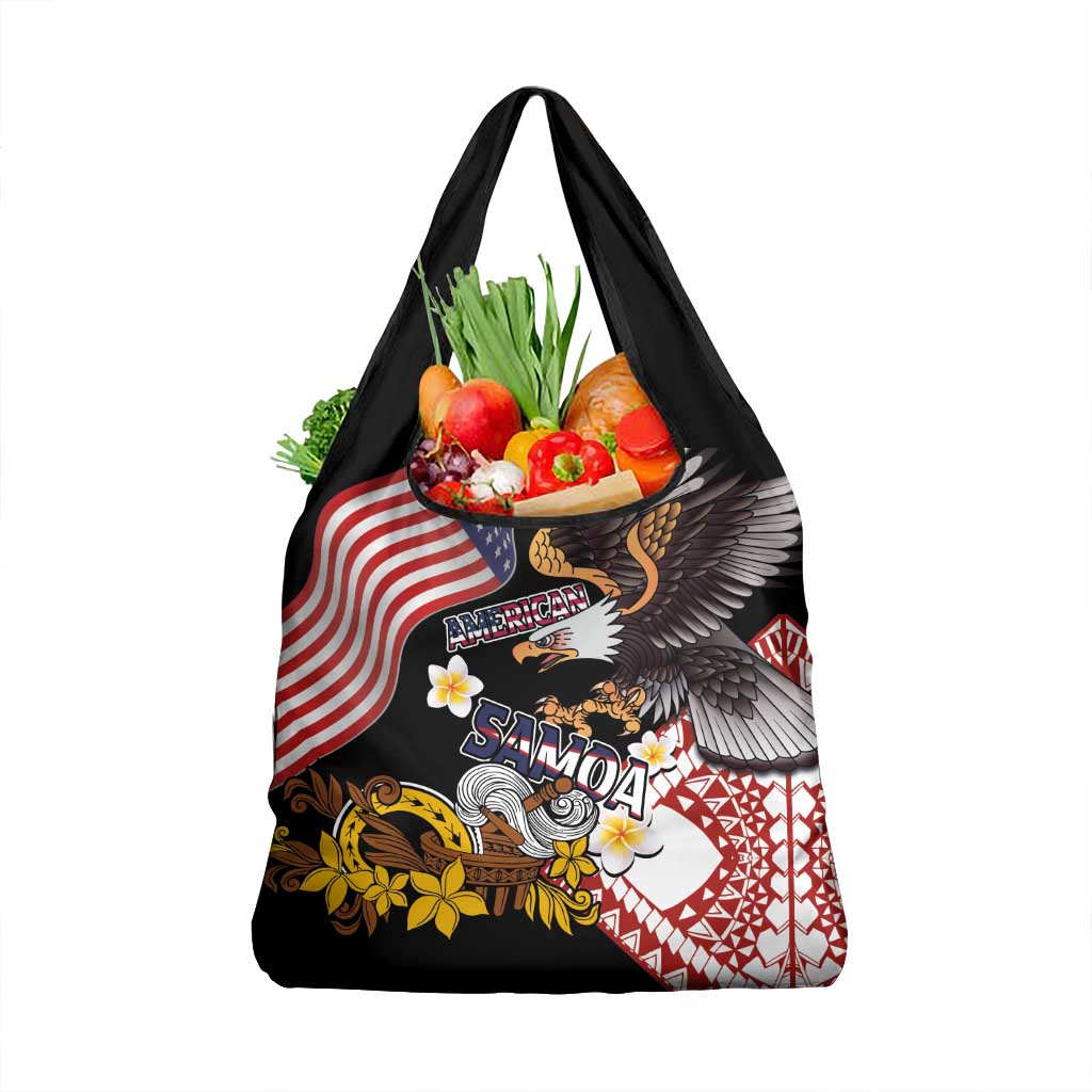 United States and American Samoa Together Grocery Bag Bald Eagle and Polynesian Traditional Culture with Plumeria LT03 1-pack One Size Black - Polynesian Pride