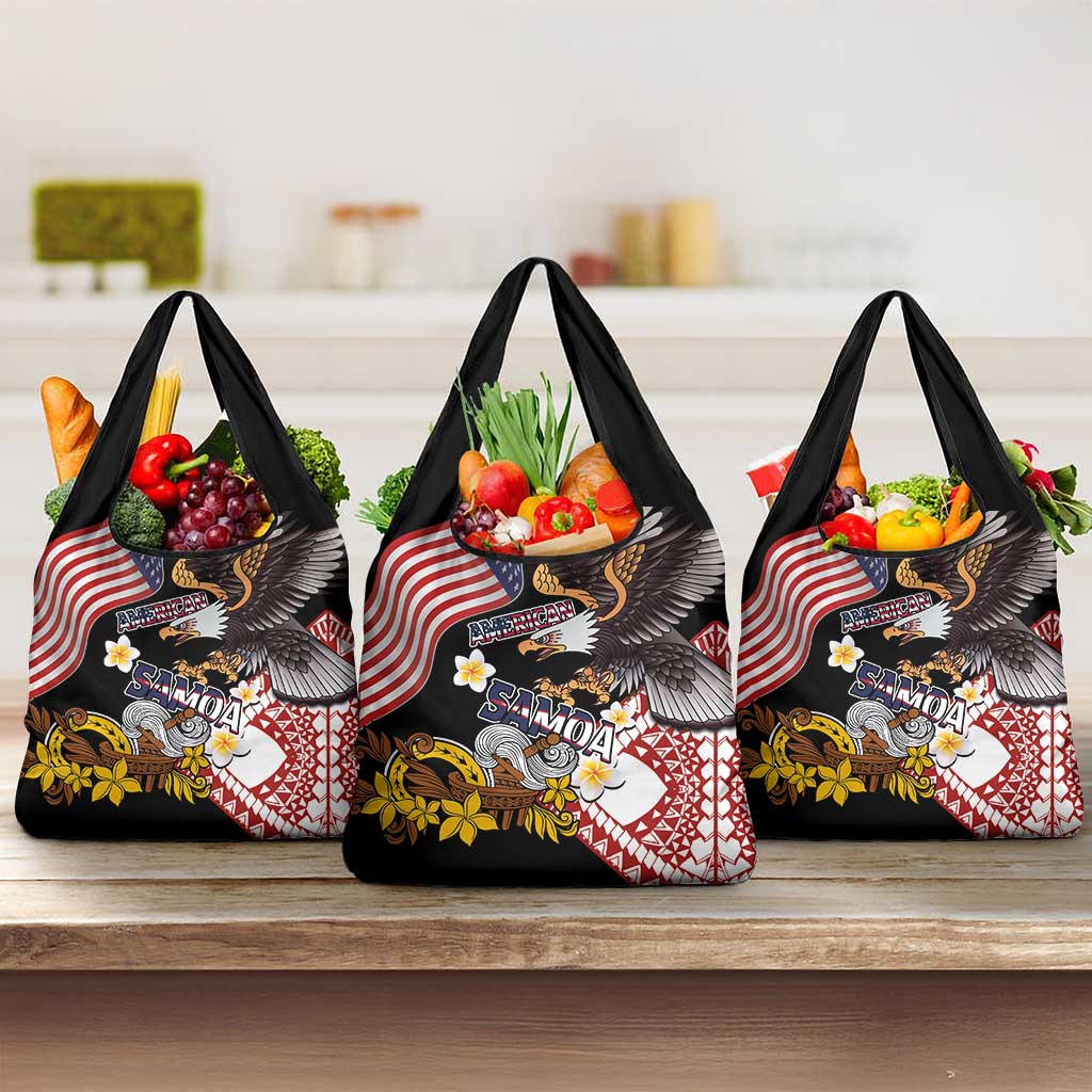 United States and American Samoa Together Grocery Bag Bald Eagle and Polynesian Traditional Culture with Plumeria LT03 3-pack One Size Black - Polynesian Pride