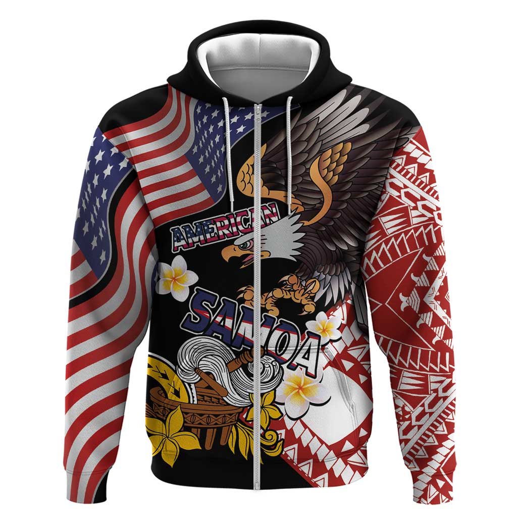 United States and American Samoa Together Hoodie Bald Eagle and Polynesian Traditional Culture with Plumeria LT03 Zip Hoodie Black - Polynesian Pride