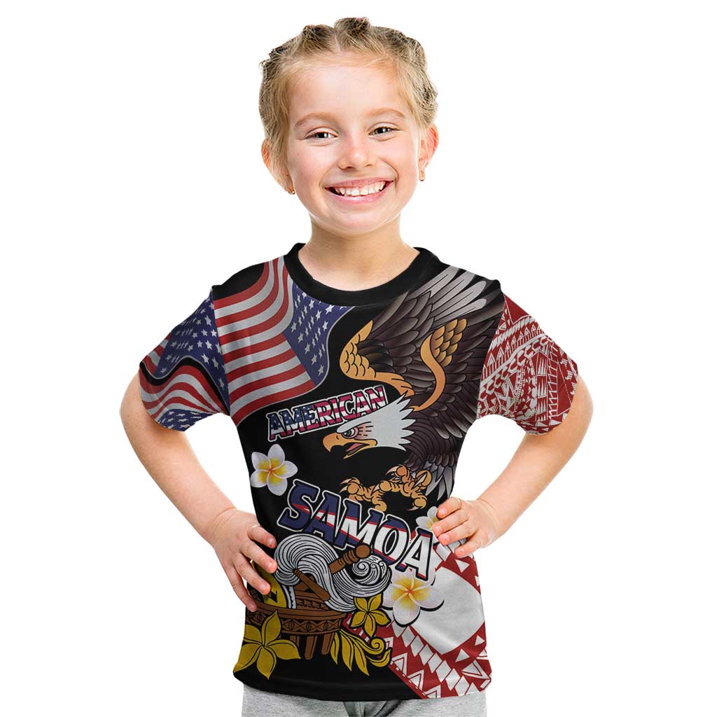 United States and American Samoa Together Kid T Shirt Bald Eagle and Polynesian Traditional Culture with Plumeria LT03 Black - Polynesian Pride