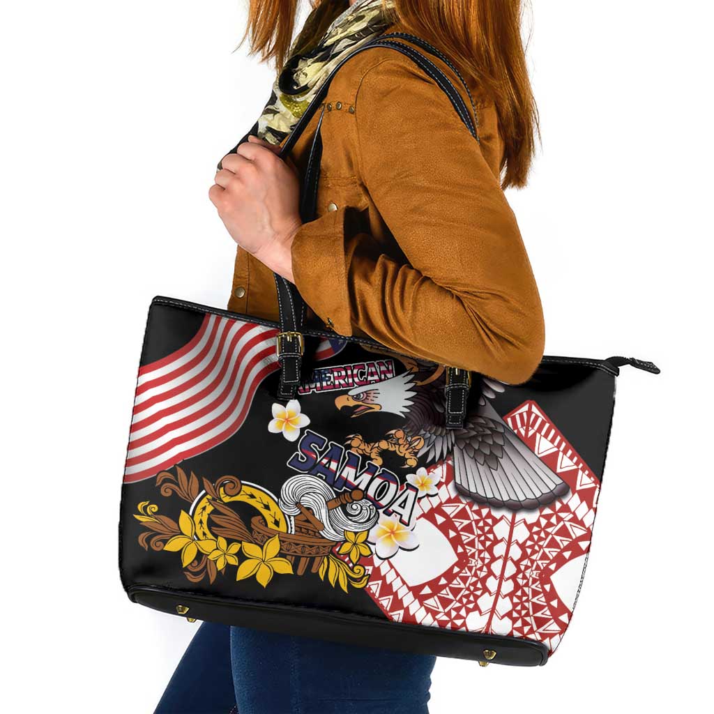 United States and American Samoa Together Leather Tote Bag Bald Eagle and Polynesian Traditional Culture with Plumeria LT03 Black - Polynesian Pride