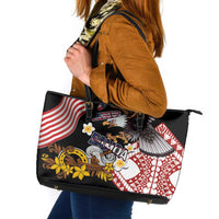 United States and American Samoa Together Leather Tote Bag Bald Eagle and Polynesian Traditional Culture with Plumeria LT03 Black - Polynesian Pride
