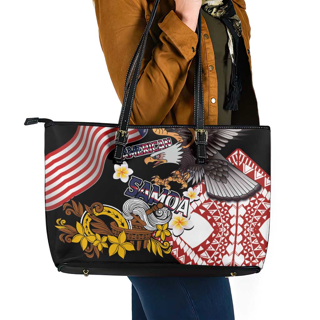 United States and American Samoa Together Leather Tote Bag Bald Eagle and Polynesian Traditional Culture with Plumeria LT03 - Polynesian Pride