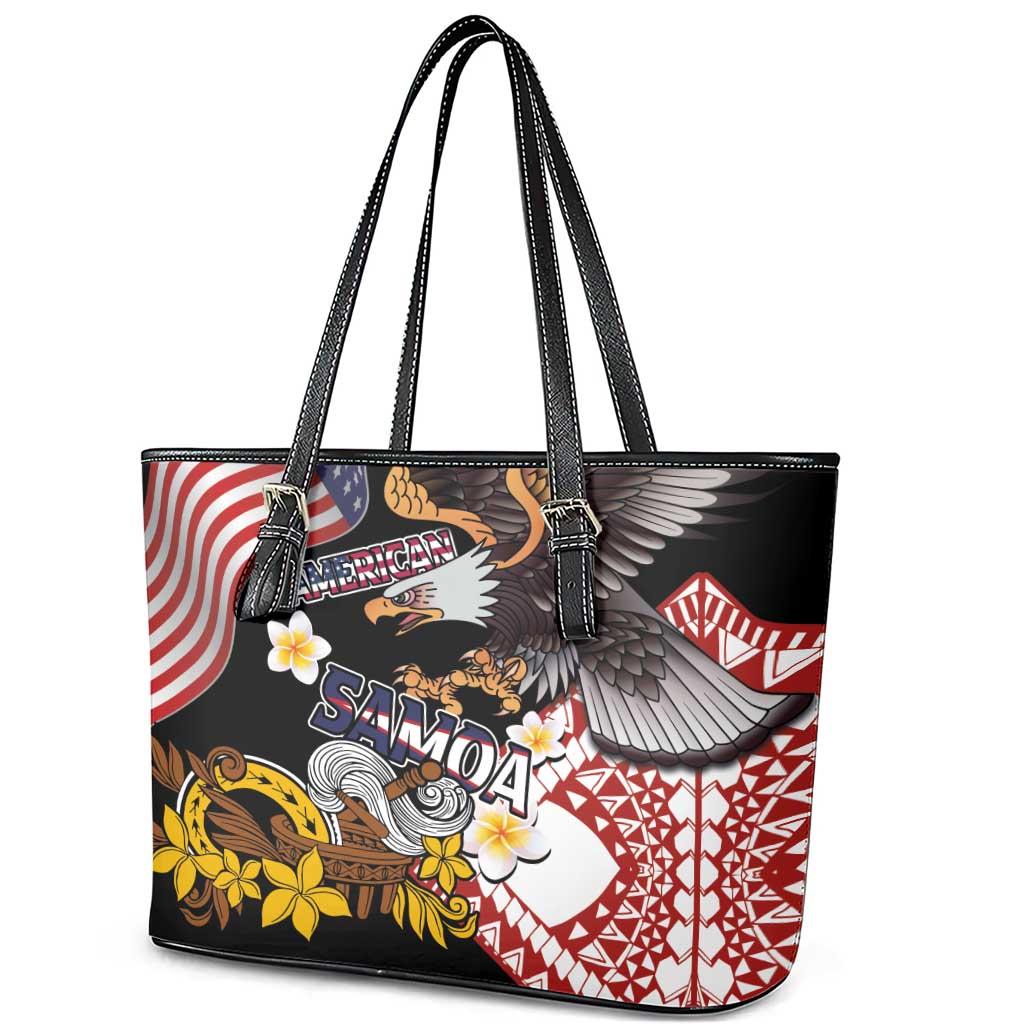 United States and American Samoa Together Leather Tote Bag Bald Eagle and Polynesian Traditional Culture with Plumeria LT03 - Polynesian Pride