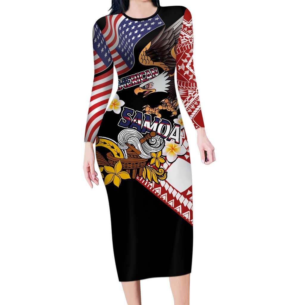 United States and American Samoa Together Long Sleeve Bodycon Dress Bald Eagle and Polynesian Traditional Culture with Plumeria LT03 Long Dress Black - Polynesian Pride