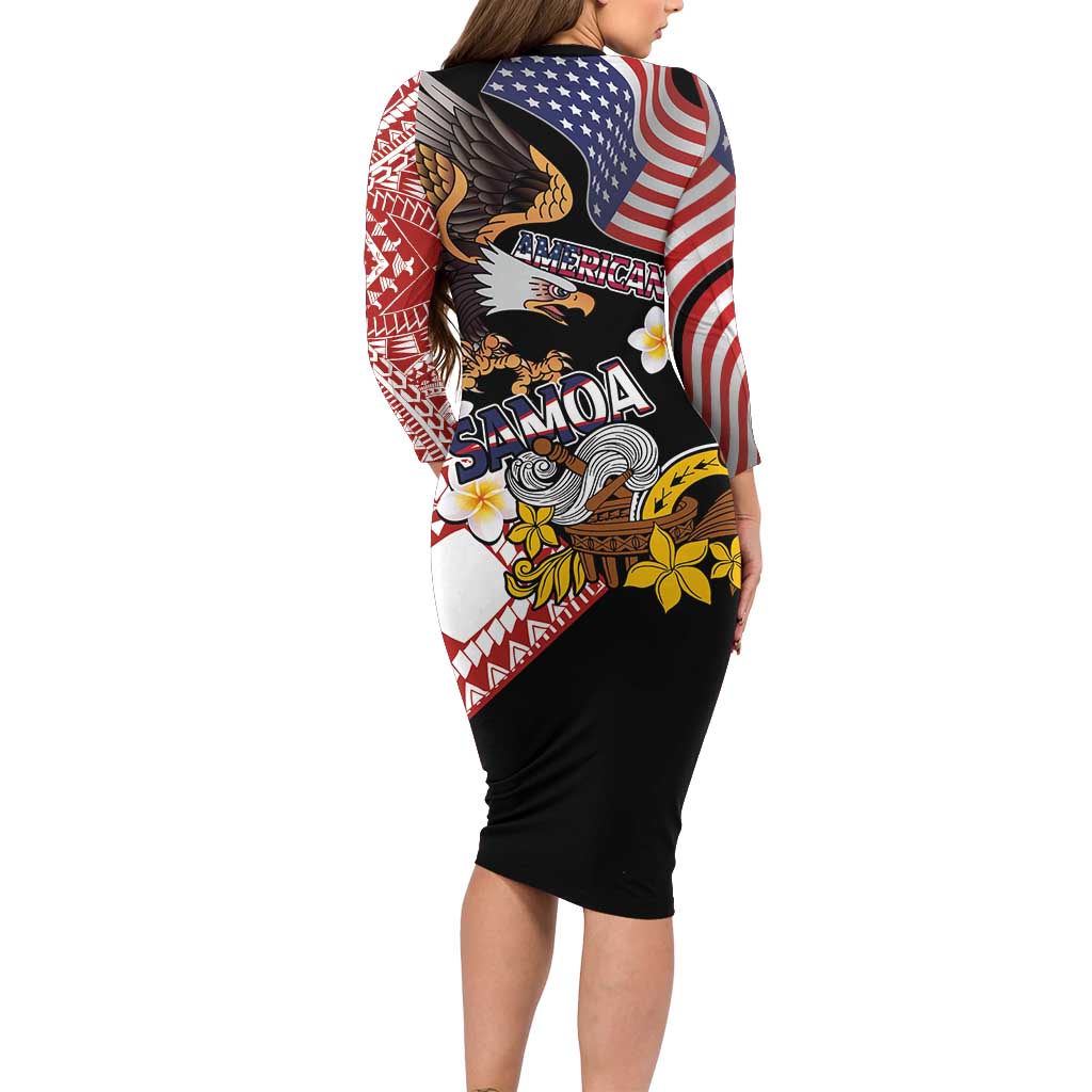 United States and American Samoa Together Long Sleeve Bodycon Dress Bald Eagle and Polynesian Traditional Culture with Plumeria LT03 - Polynesian Pride