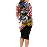 United States and American Samoa Together Long Sleeve Bodycon Dress Bald Eagle and Polynesian Traditional Culture with Plumeria LT03 - Polynesian Pride