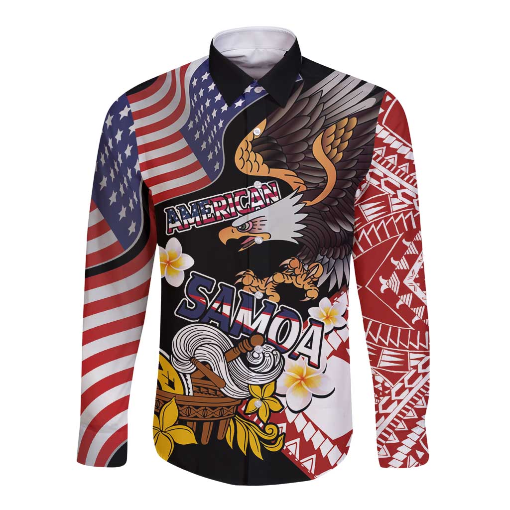 United States and American Samoa Together Long Sleeve Button Shirt Bald Eagle and Polynesian Traditional Culture with Plumeria LT03 Unisex Black - Polynesian Pride