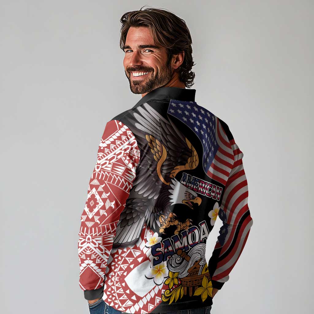 United States and American Samoa Together Long Sleeve Polo Shirt Bald Eagle and Polynesian Traditional Culture with Plumeria LT03 - Polynesian Pride
