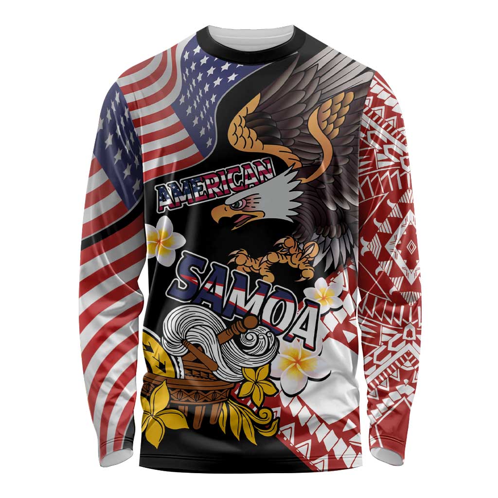 United States and American Samoa Together Long Sleeve Shirt Bald Eagle and Polynesian Traditional Culture with Plumeria LT03 Unisex Black - Polynesian Pride