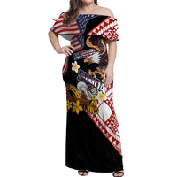 United States and American Samoa Together Off Shoulder Maxi Dress Bald Eagle and Polynesian Traditional Culture with Plumeria LT03 Women Black - Polynesian Pride
