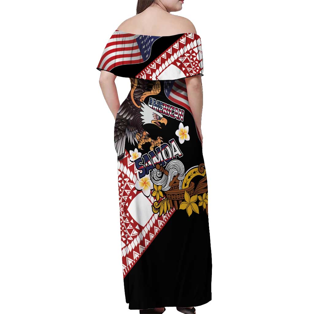 United States and American Samoa Together Off Shoulder Maxi Dress Bald Eagle and Polynesian Traditional Culture with Plumeria LT03 - Polynesian Pride
