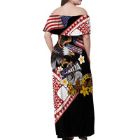United States and American Samoa Together Off Shoulder Maxi Dress Bald Eagle and Polynesian Traditional Culture with Plumeria LT03 - Polynesian Pride