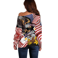 United States and American Samoa Together Off Shoulder Sweater Bald Eagle and Polynesian Traditional Culture with Plumeria LT03 - Polynesian Pride