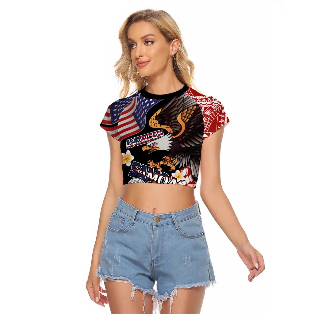 United States and American Samoa Together Raglan Cropped T Shirt Bald Eagle and Polynesian Traditional Culture with Plumeria LT03 Female Black - Polynesian Pride