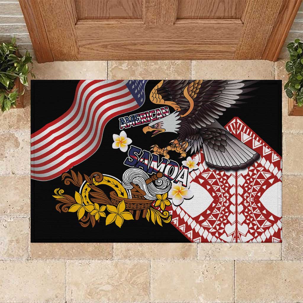United States and American Samoa Together Rubber Doormat Bald Eagle and Polynesian Traditional Culture with Plumeria LT03 Black - Polynesian Pride