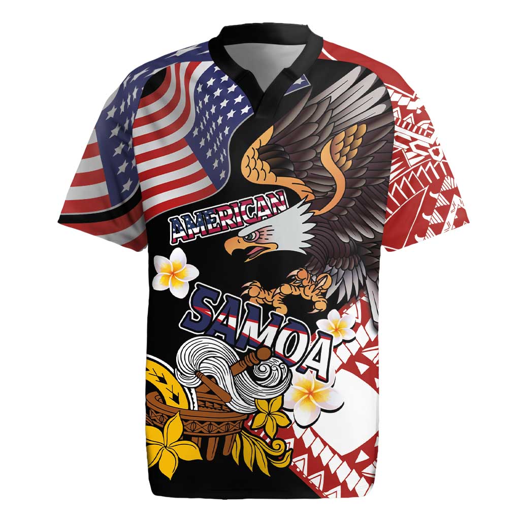 United States and American Samoa Together Rugby Jersey Bald Eagle and Polynesian Traditional Culture with Plumeria LT03 Black - Polynesian Pride