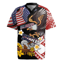 United States and American Samoa Together Rugby Jersey Bald Eagle and Polynesian Traditional Culture with Plumeria LT03 Black - Polynesian Pride