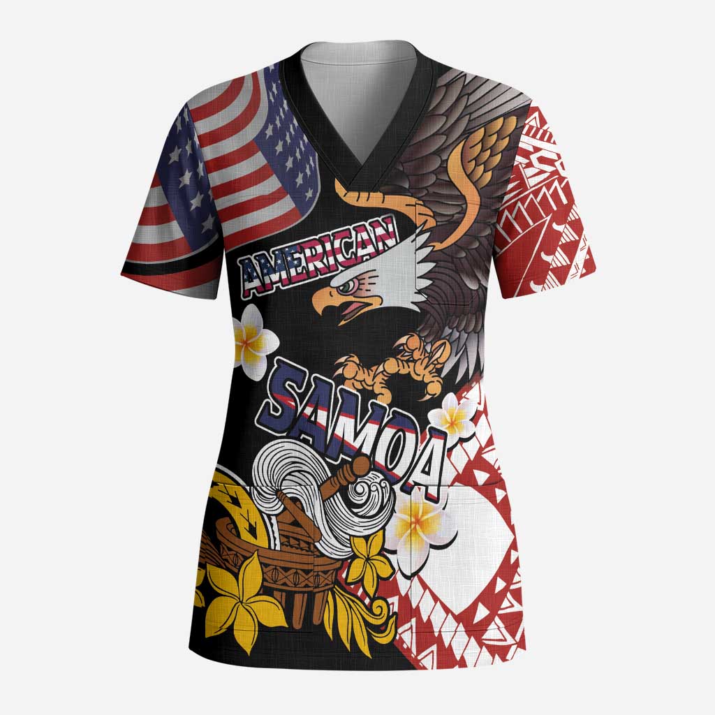 United States and American Samoa Together Scrub Top Bald Eagle and Polynesian Traditional Culture with Plumeria LT03 Adult Black - Polynesian Pride