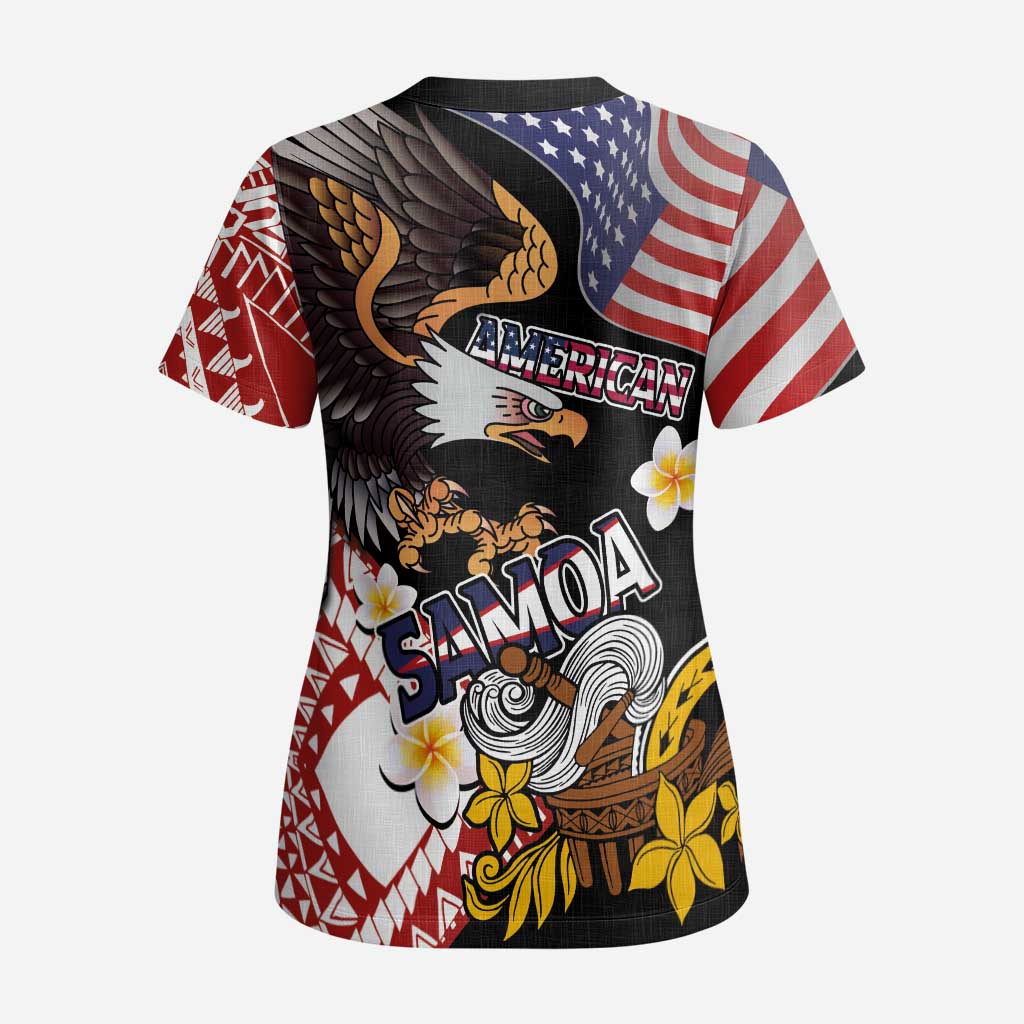 United States and American Samoa Together Scrub Top Bald Eagle and Polynesian Traditional Culture with Plumeria LT03 - Polynesian Pride