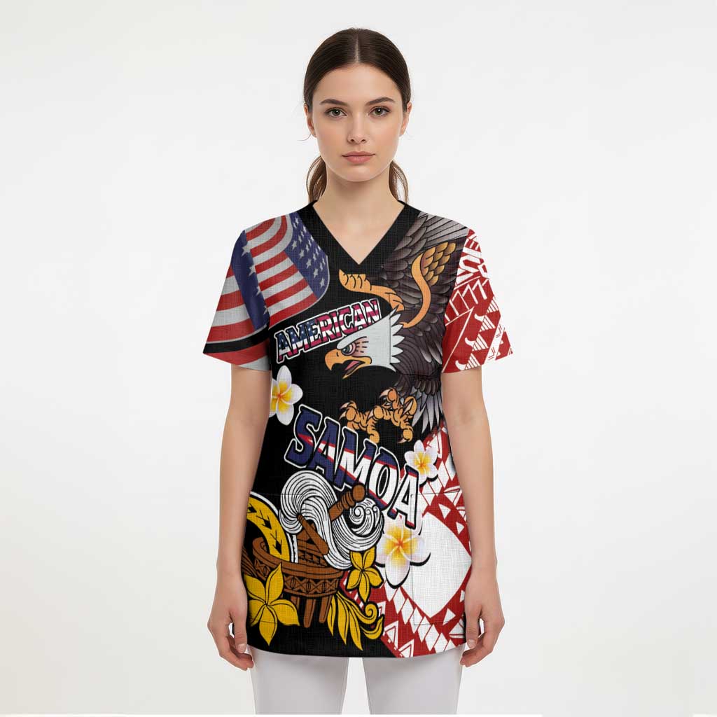 United States and American Samoa Together Scrub Top Bald Eagle and Polynesian Traditional Culture with Plumeria LT03 - Polynesian Pride