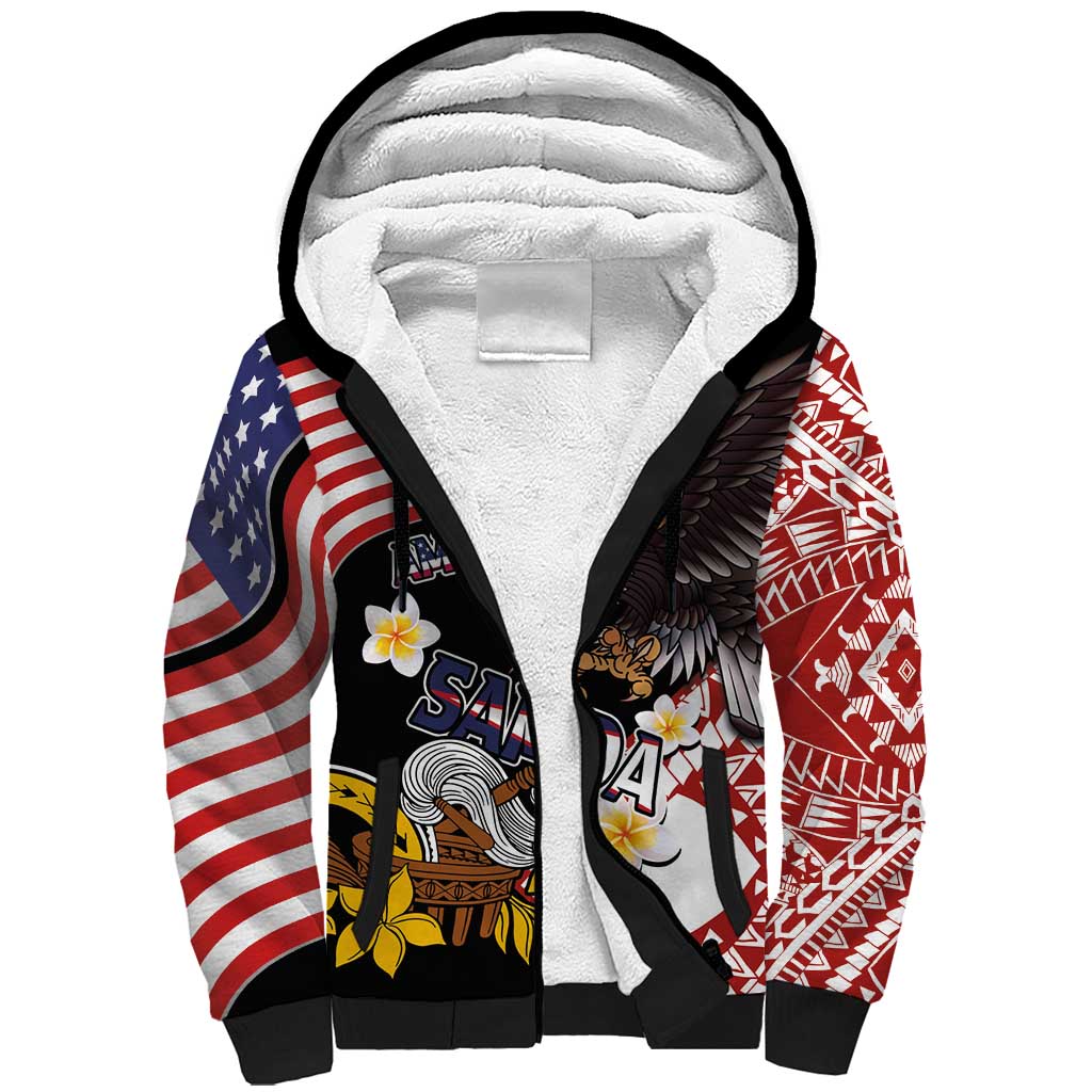United States and American Samoa Together Sherpa Hoodie Bald Eagle and Polynesian Traditional Culture with Plumeria LT03 Unisex Black - Polynesian Pride
