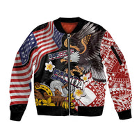 United States and American Samoa Together Sleeve Zip Bomber Jacket Bald Eagle and Polynesian Traditional Culture with Plumeria LT03 Unisex Black - Polynesian Pride