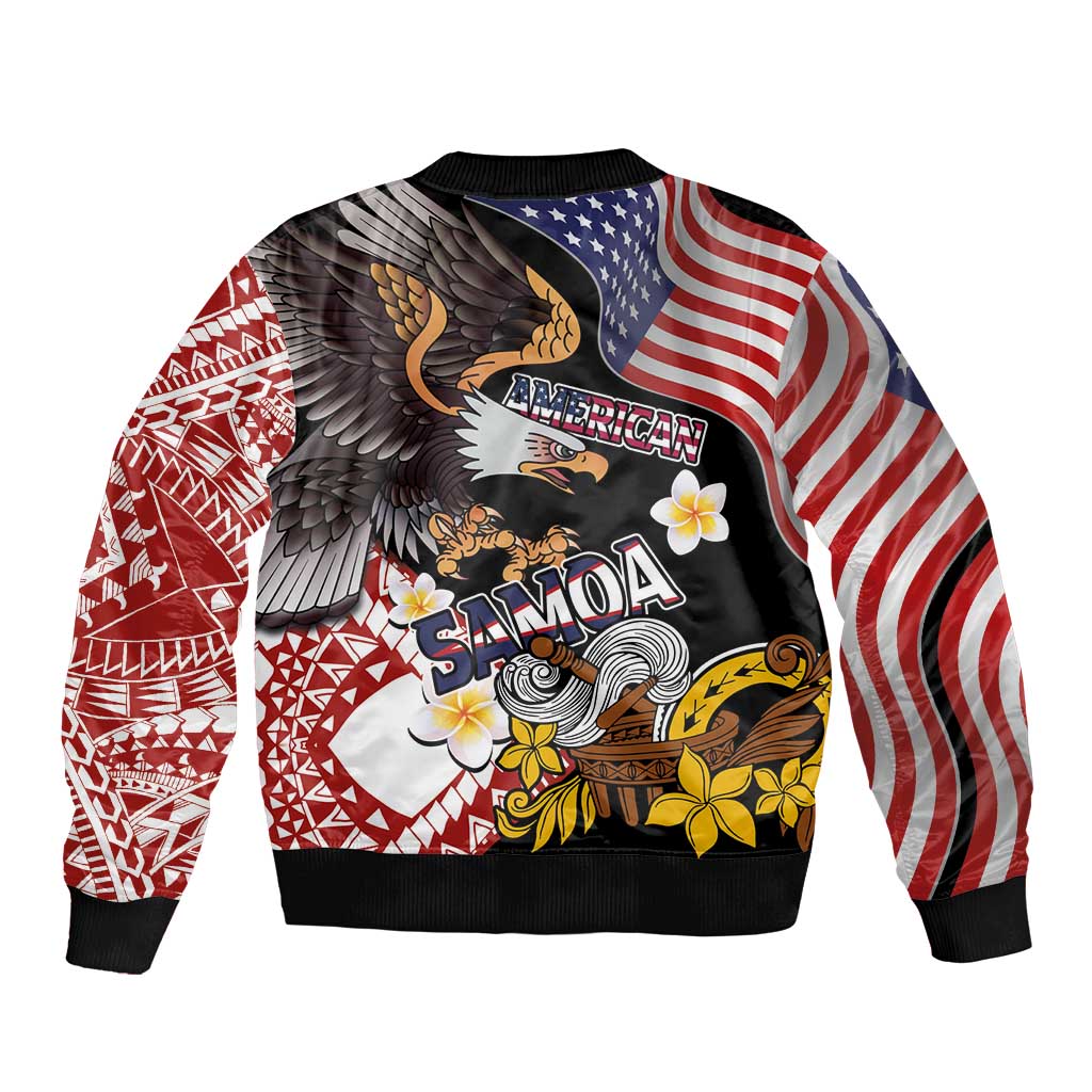 United States and American Samoa Together Sleeve Zip Bomber Jacket Bald Eagle and Polynesian Traditional Culture with Plumeria LT03 - Polynesian Pride