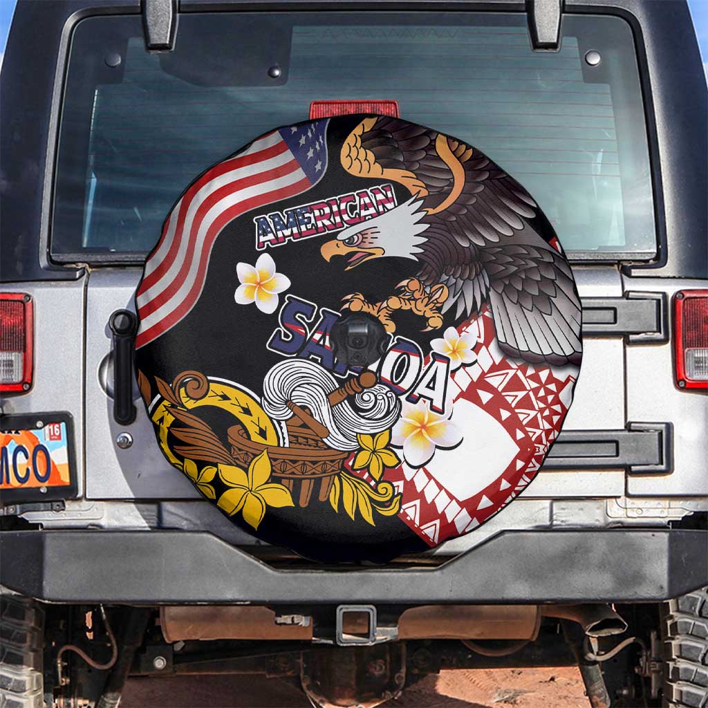 United States and American Samoa Together Spare Tire Cover Bald Eagle and Polynesian Traditional Culture with Plumeria LT03 Black - Polynesian Pride