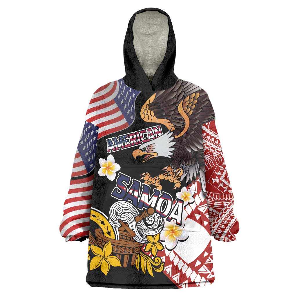 United States and American Samoa Together Wearable Blanket Hoodie Bald Eagle and Polynesian Traditional Culture with Plumeria LT03 One Size Black - Polynesian Pride
