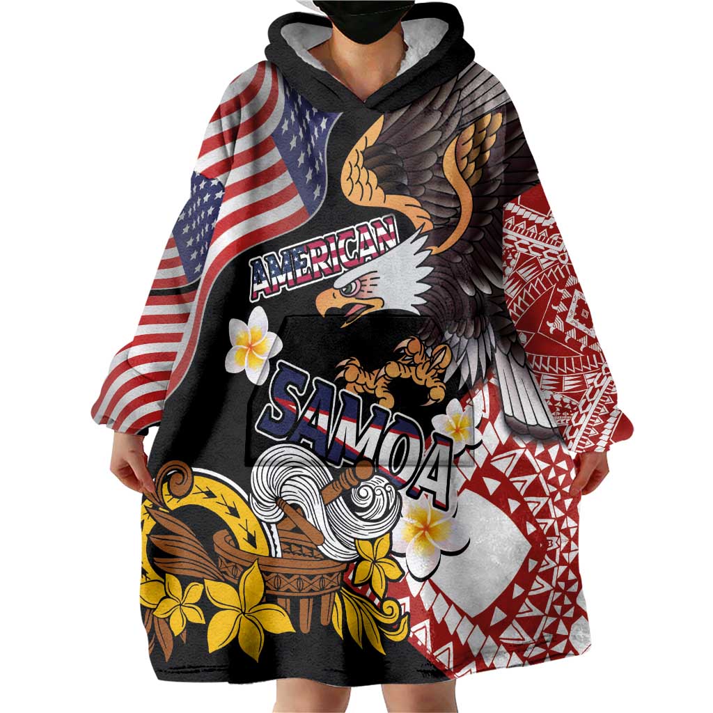 United States and American Samoa Together Wearable Blanket Hoodie Bald Eagle and Polynesian Traditional Culture with Plumeria LT03 - Polynesian Pride
