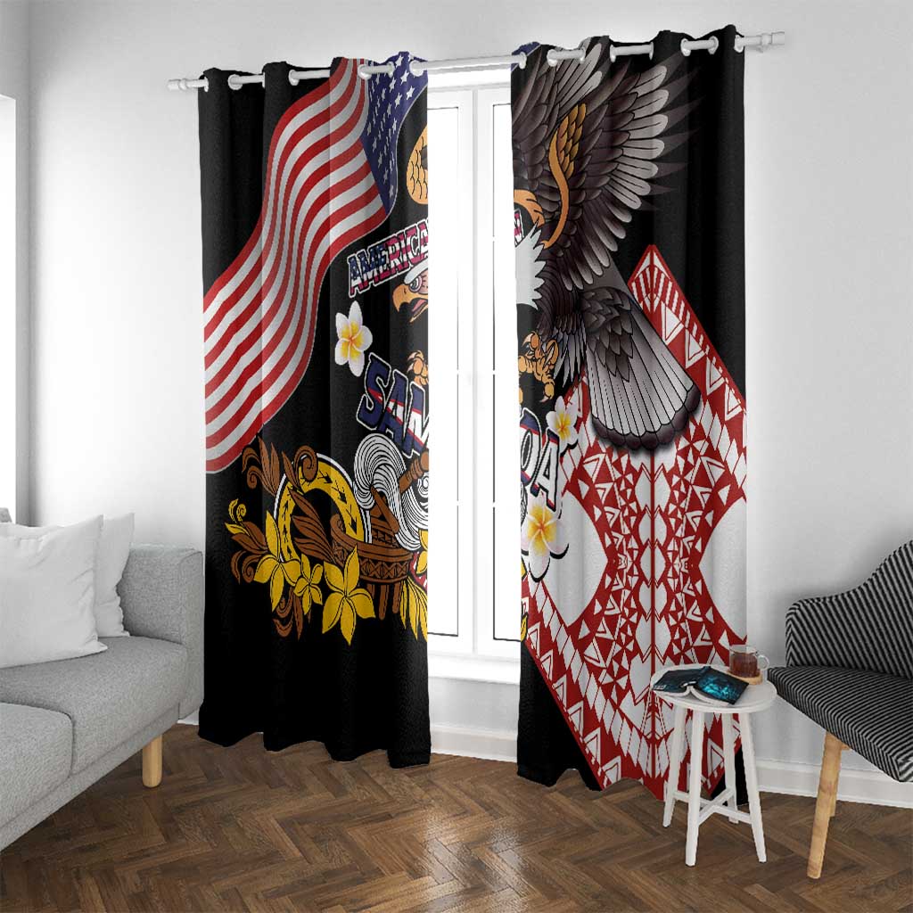 United States and American Samoa Together Window Curtain Bald Eagle and Polynesian Traditional Culture with Plumeria LT03 With Grommets Black - Polynesian Pride