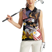 United States and American Samoa Together Women Sleeveless Polo Shirt Bald Eagle and Polynesian Traditional Culture with Plumeria LT03 - Polynesian Pride