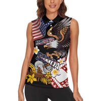 United States and American Samoa Together Women Sleeveless Polo Shirt Bald Eagle and Polynesian Traditional Culture with Plumeria LT03 - Polynesian Pride