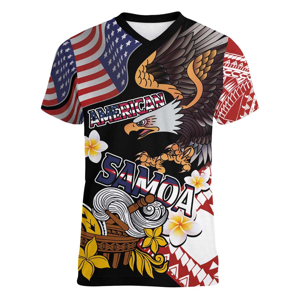 United States and American Samoa Together Women V-Neck T-Shirt Bald Eagle and Polynesian Traditional Culture with Plumeria LT03 Female Black - Polynesian Pride