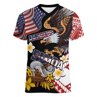 United States and American Samoa Together Women V-Neck T-Shirt Bald Eagle and Polynesian Traditional Culture with Plumeria LT03 Female Black - Polynesian Pride