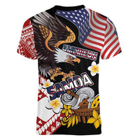 United States and American Samoa Together Women V-Neck T-Shirt Bald Eagle and Polynesian Traditional Culture with Plumeria LT03 - Polynesian Pride