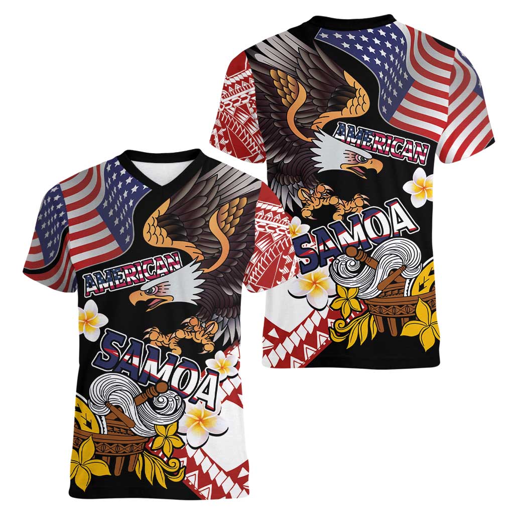 United States and American Samoa Together Women V-Neck T-Shirt Bald Eagle and Polynesian Traditional Culture with Plumeria LT03 - Polynesian Pride