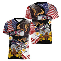 United States and American Samoa Together Women V-Neck T-Shirt Bald Eagle and Polynesian Traditional Culture with Plumeria LT03 - Polynesian Pride