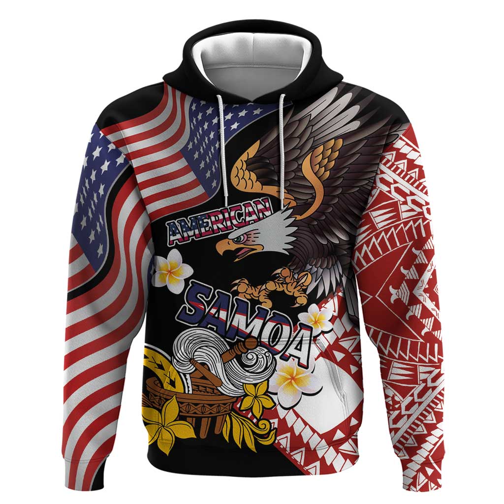 United States and American Samoa Together Zip Hoodie Bald Eagle and Polynesian Traditional Culture with Plumeria LT03 Pullover Hoodie Black - Polynesian Pride