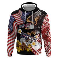 United States and American Samoa Together Zip Hoodie Bald Eagle and Polynesian Traditional Culture with Plumeria LT03 Pullover Hoodie Black - Polynesian Pride