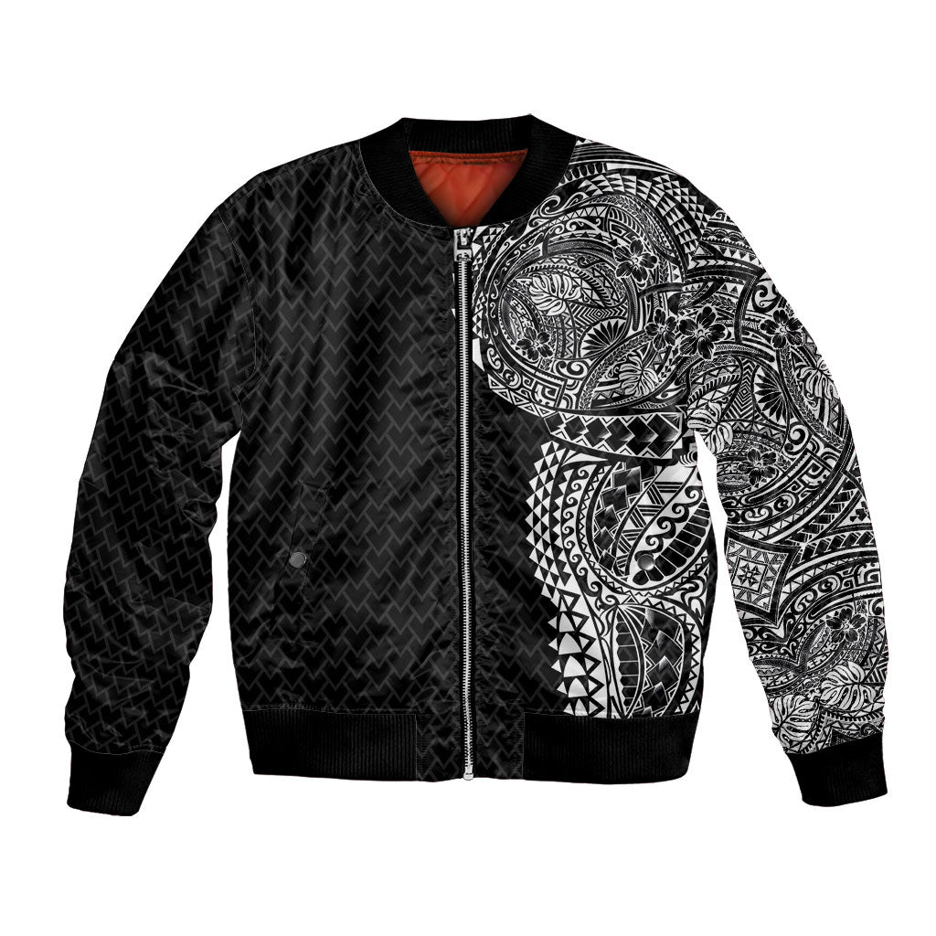 Hawaiian Traditional Tattoos Bomber Jacket Kakau Tribal Tropical Plant Motif Black Color