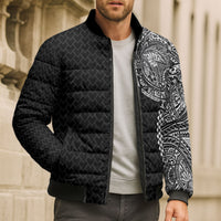 Hawaiian Traditional Tattoos Bomber Puffer Jacket Kakau Tribal Tropical Plant Motif Black Color LT03 - Polynesian Pride