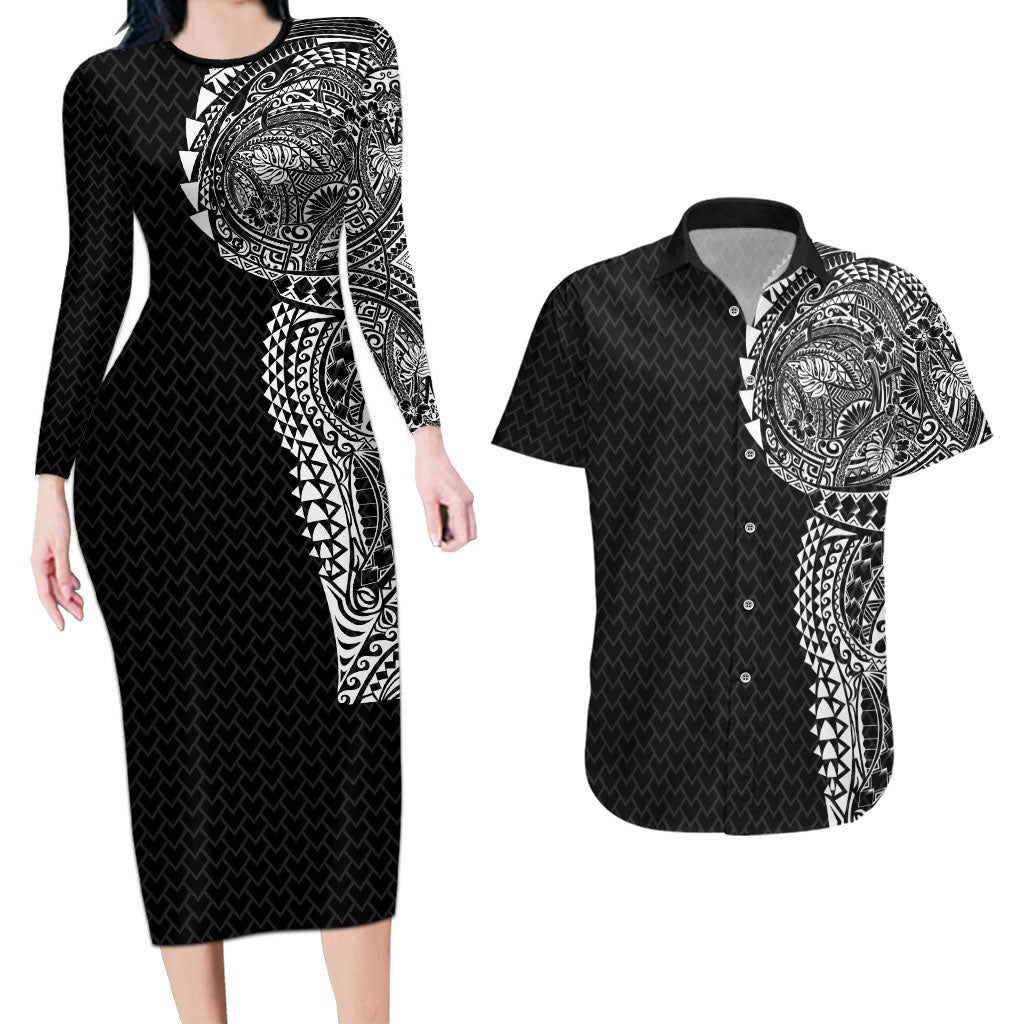 Hawaiian Traditional Tattoos Couples Matching Long Sleeve Bodycon Dress and Hawaiian Shirt Kakau Tribal Tropical Plant Motif Black Color LT03 Black - Polynesian Pride
