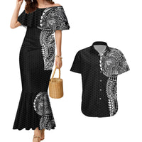 Hawaiian Traditional Tattoos Couples Matching Mermaid Dress and Hawaiian Shirt Kakau Tribal Tropical Plant Motif Black Color LT03 Black - Polynesian Pride