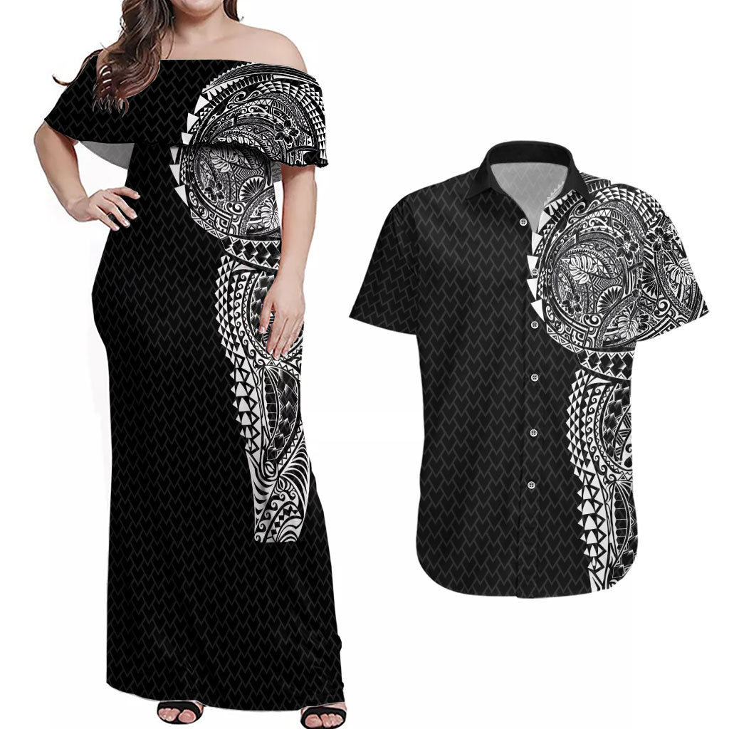Hawaiian Traditional Tattoos Couples Matching Off Shoulder Maxi Dress and Hawaiian Shirt Kakau Tribal Tropical Plant Motif Black Color LT03 Black - Polynesian Pride
