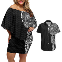 Hawaiian Traditional Tattoos Couples Matching Off Shoulder Short Dress and Hawaiian Shirt Kakau Tribal Tropical Plant Motif Black Color LT03 Black - Polynesian Pride
