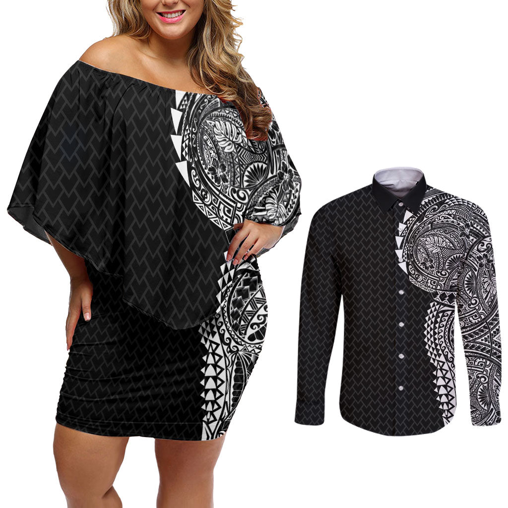 Hawaiian Traditional Tattoos Couples Matching Off Shoulder Short Dress and Long Sleeve Button Shirt Kakau Tribal Tropical Plant Motif Black Color LT03 Black - Polynesian Pride